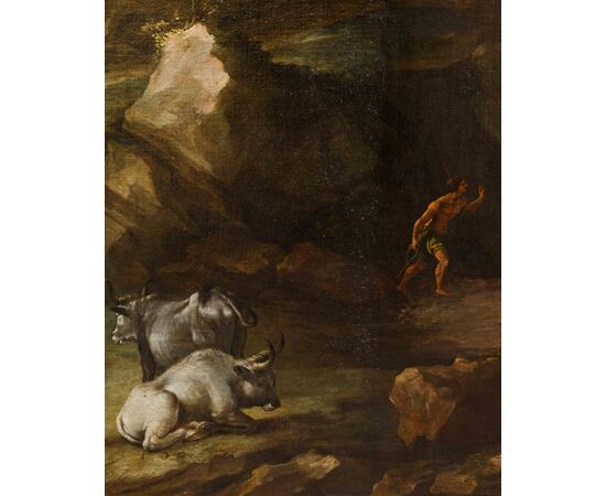  Cerchia di Charles François Grenier de Lacroix (Marsiglia, 1700 - Berlino 1779),  Paesaggio roccioso con torre e figure