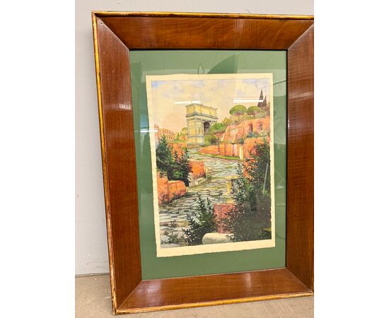 Antico dipinto ad acquarello fori romani. Roma XIX sec., 64x44 cm