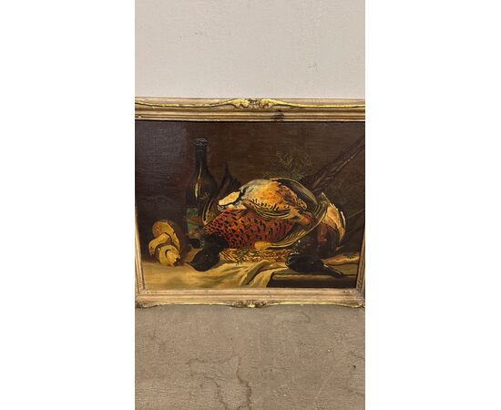 Antico olio su tavola raffigurante natura morta e cacciagione 1940, 42x51cm 