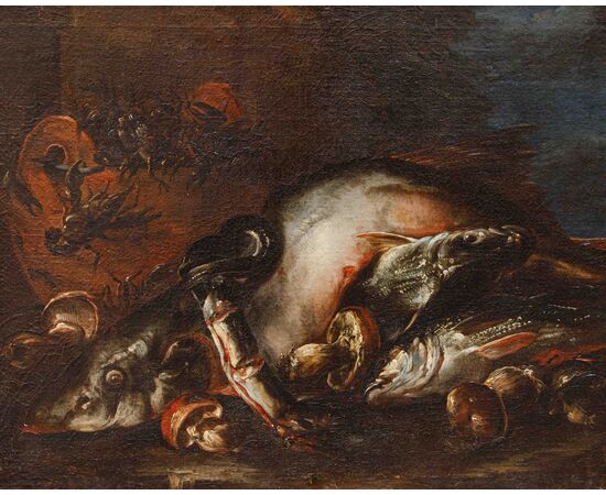 Felice Boselli (Piacenza 1650 –Parma 1732), Natura morta con pesci, gamberi e funghi