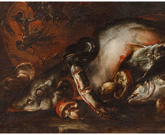 Felice Boselli (Piacenza 1650 –Parma 1732), Natura morta con pesci, gamberi e funghi