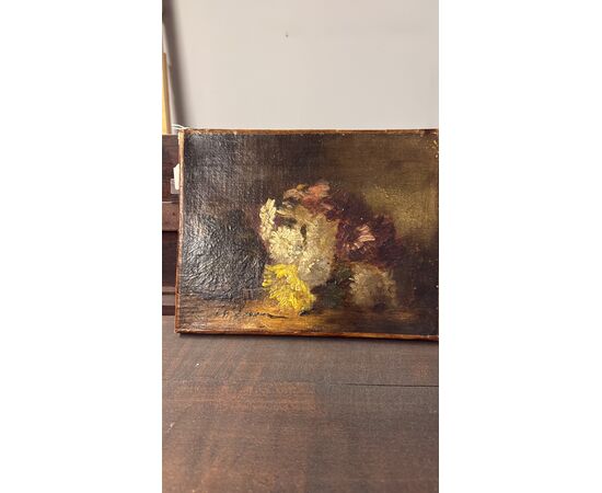 Antico piccolo dipinto ad olio su tela natura morta XIX, 29x39cm
