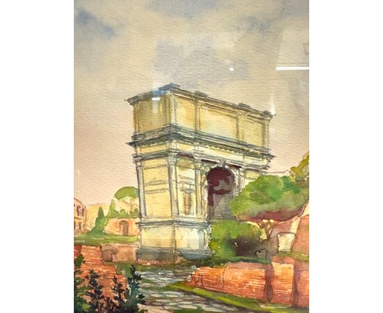 Antico dipinto ad acquarello fori romani. Roma XIX sec., 64x44 cm