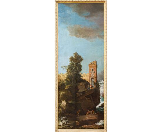  Cerchia di Charles François Grenier de Lacroix (Marsiglia, 1700 - Berlino 1779),  Paesaggio roccioso con torre e figure
