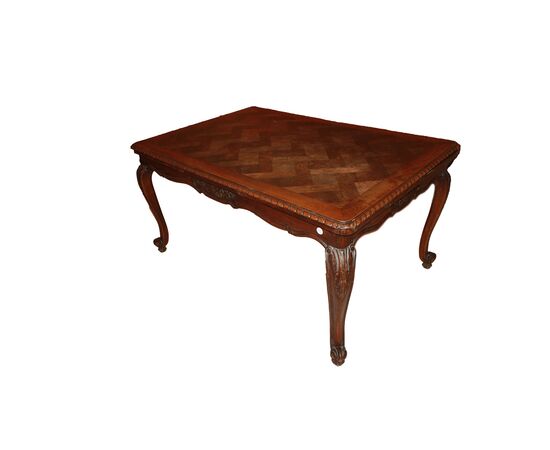 Tavolo Provenzale Francese del XIX secolo In Legno di Rovere con piano parquettato
