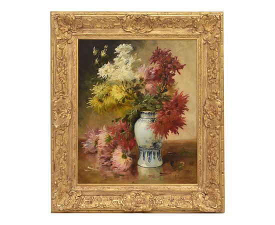 QUADRI ANTICHI, NATURA MORTA CON FIORI, VASO DI DALIE, OLIO SU TELA, DELL 800. (QF675)