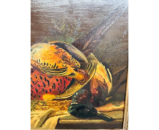 Antico olio su tavola raffigurante natura morta e cacciagione 1940, 42x51cm 