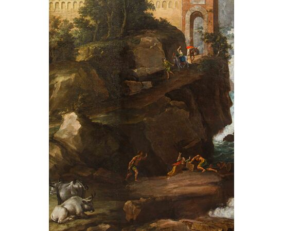  Cerchia di Charles François Grenier de Lacroix (Marsiglia, 1700 - Berlino 1779),  Paesaggio roccioso con torre e figure