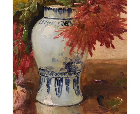 QUADRI ANTICHI, NATURA MORTA CON FIORI, VASO DI DALIE, OLIO SU TELA, DELL 800. (QF675)