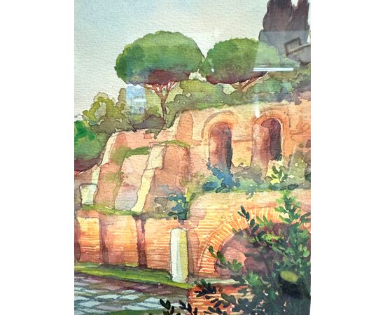 Antico dipinto ad acquarello fori romani. Roma XIX sec., 64x44 cm