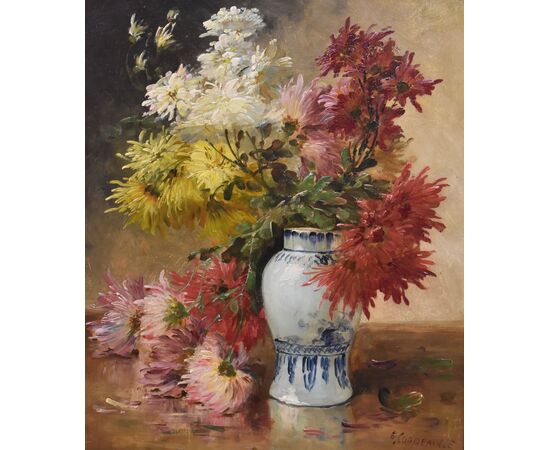 QUADRI ANTICHI, NATURA MORTA CON FIORI, VASO DI DALIE, OLIO SU TELA, DELL 800. (QF675)