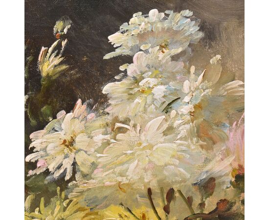 QUADRI ANTICHI, NATURA MORTA CON FIORI, VASO DI DALIE, OLIO SU TELA, DELL 800. (QF675)