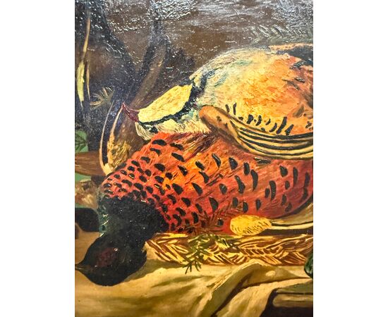 Antico olio su tavola raffigurante natura morta e cacciagione 1940, 42x51cm 