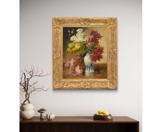 QUADRI ANTICHI, NATURA MORTA CON FIORI, VASO DI DALIE, OLIO SU TELA, DELL 800. (QF675)