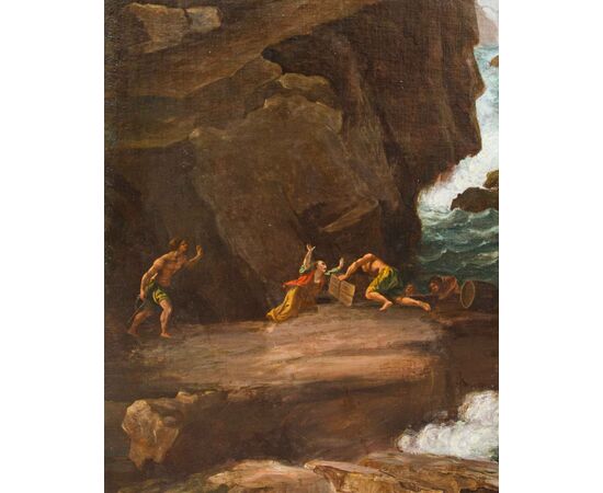  Cerchia di Charles François Grenier de Lacroix (Marsiglia, 1700 - Berlino 1779),  Paesaggio roccioso con torre e figure