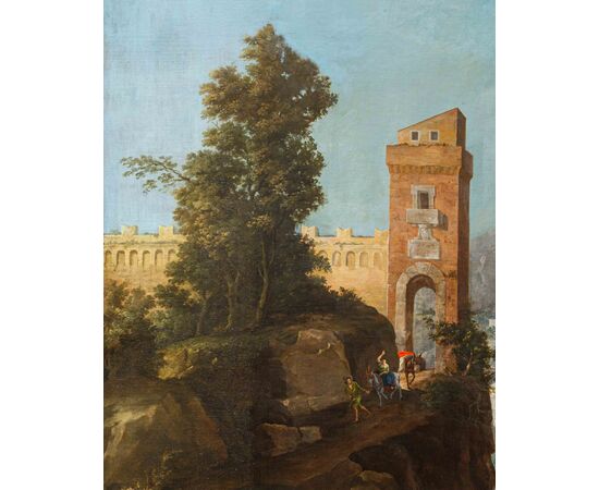  Cerchia di Charles François Grenier de Lacroix (Marsiglia, 1700 - Berlino 1779),  Paesaggio roccioso con torre e figure