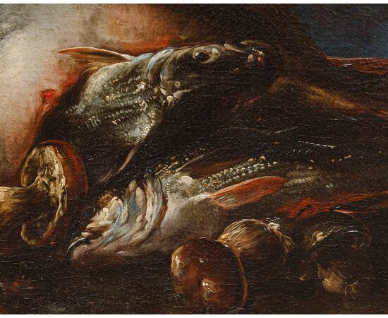 Felice Boselli (Piacenza 1650 –Parma 1732), Natura morta con pesci, gamberi e funghi