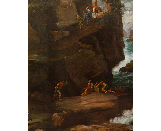  Cerchia di Charles François Grenier de Lacroix (Marsiglia, 1700 - Berlino 1779),  Paesaggio roccioso con torre e figure