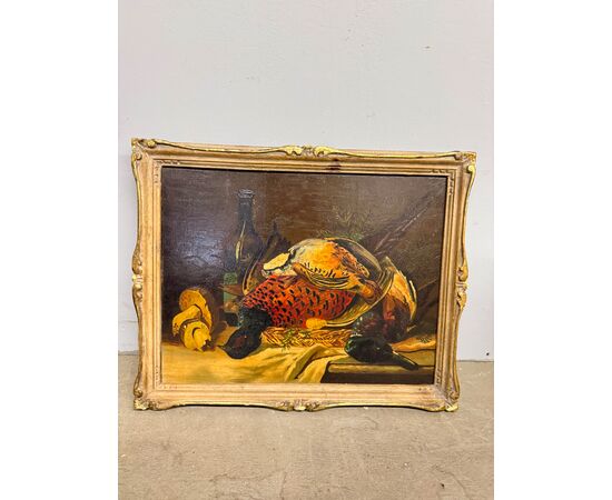Antico olio su tavola raffigurante natura morta e cacciagione 1940, 42x51cm 