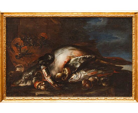 Felice Boselli (Piacenza 1650 –Parma 1732), Natura morta con pesci, gamberi e funghi