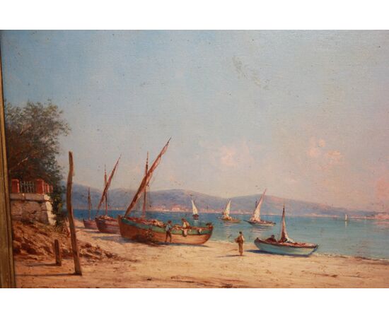 Olio su tela francese del XIX secolo Raffigurante Veduta Marina con Personaggi