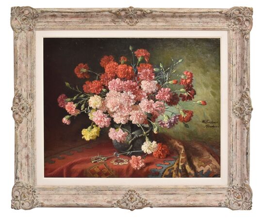 QUADRI ANTICHI, NATURA MORTA CON FIORI DI GAROFANI, OLIO SU TELA, FINE DEL XIX SECOLO. (QF676)