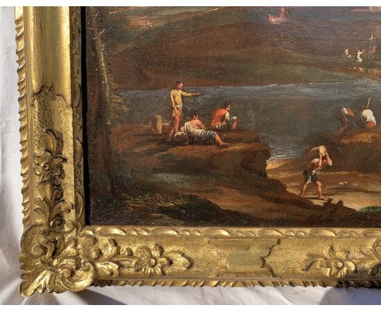 Pittore veneziano (XVIII sec.) - Paesaggio fluviale con personaggi.