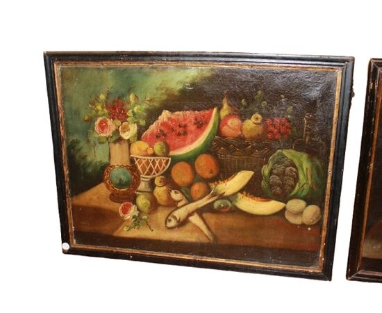 Coppia di oli su tela italiani del 1700 raffiguranti Nature Morte