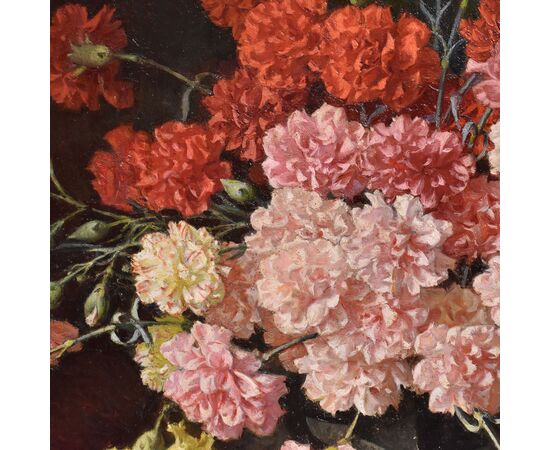 QUADRI ANTICHI, NATURA MORTA CON FIORI DI GAROFANI, OLIO SU TELA, FINE DEL XIX SECOLO. (QF676)