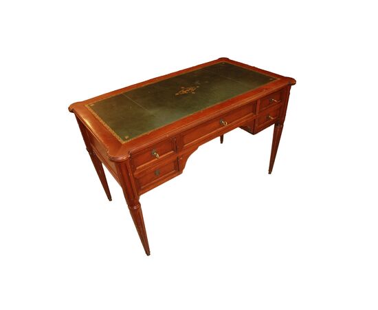 Scrivania Stile Luigi XVI Francese in Legno di Noce con Piano in Pelle Verde