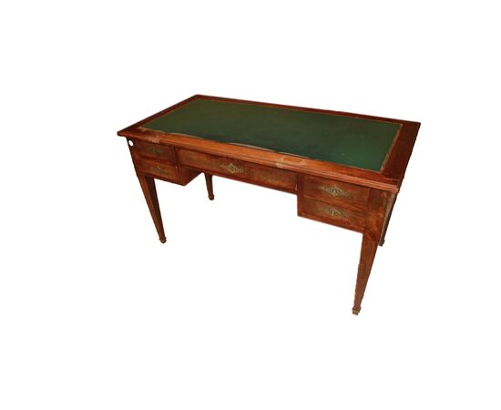 Scrivania Stile Impero in Piuma di Mogano di metà 1800 con Piano in Pelle Verde