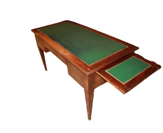 Scrivania Stile Impero in Piuma di Mogano di metà 1800 con Piano in Pelle Verde