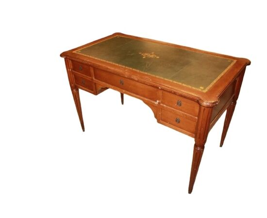 Scrivania Stile Luigi XVI Francese in Legno di Noce con Piano in Pelle Verde