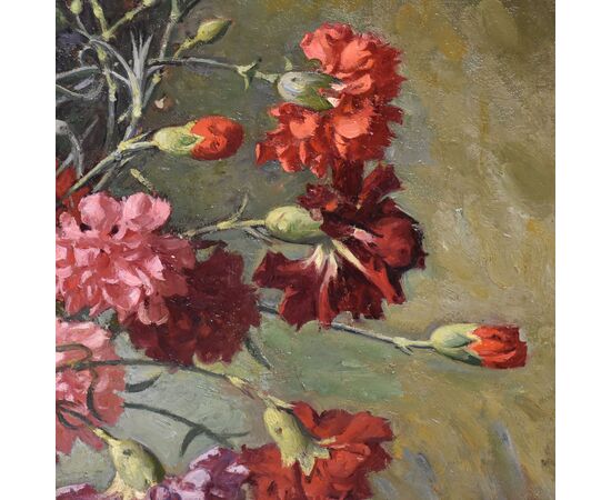 QUADRI ANTICHI, NATURA MORTA CON FIORI DI GAROFANI, OLIO SU TELA, FINE DEL XIX SECOLO. (QF676)