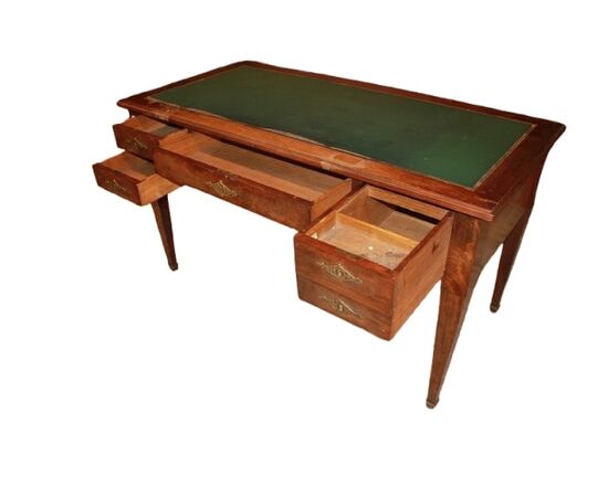 Scrivania Stile Impero in Piuma di Mogano di metà 1800 con Piano in Pelle Verde