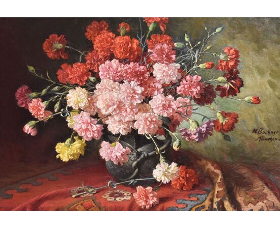 QUADRI ANTICHI, NATURA MORTA CON FIORI DI GAROFANI, OLIO SU TELA, FINE DEL XIX SECOLO. (QF676)