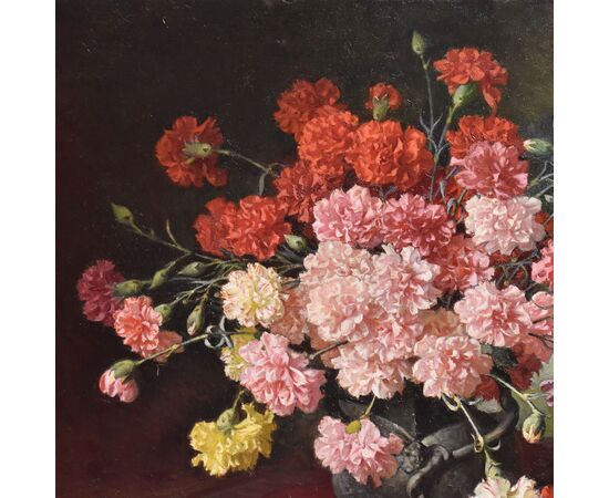 QUADRI ANTICHI, NATURA MORTA CON FIORI DI GAROFANI, OLIO SU TELA, FINE DEL XIX SECOLO. (QF676)