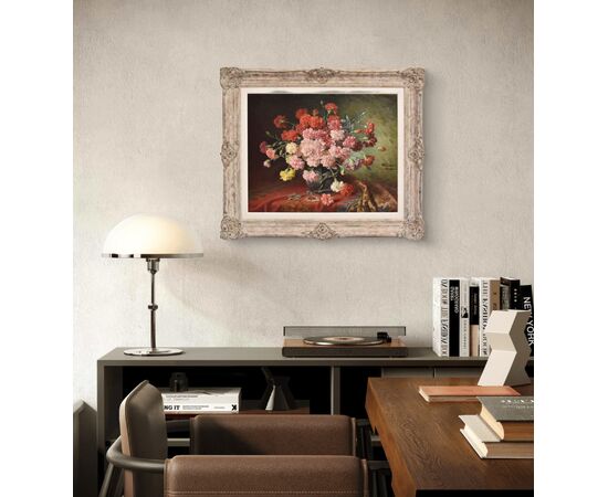 QUADRI ANTICHI, NATURA MORTA CON FIORI DI GAROFANI, OLIO SU TELA, FINE DEL XIX SECOLO. (QF676)