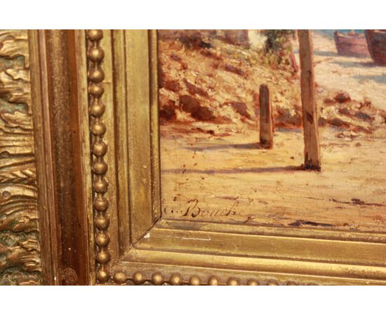 Olio su tela francese del XIX secolo Raffigurante Veduta Marina con Personaggi