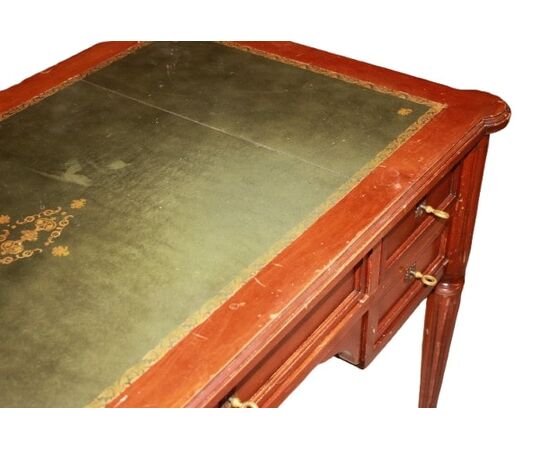 Scrivania Stile Luigi XVI Francese in Legno di Noce con Piano in Pelle Verde