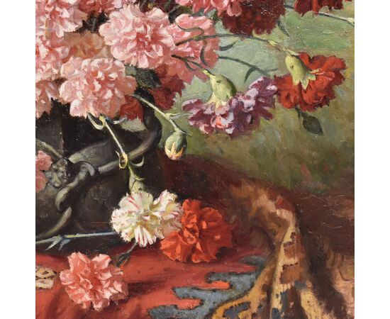 QUADRI ANTICHI, NATURA MORTA CON FIORI DI GAROFANI, OLIO SU TELA, FINE DEL XIX SECOLO. (QF676)