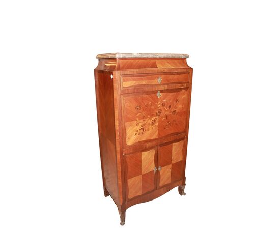 Secretaire Francese Stile Luigi XV del 1800 con ricchi intarsi a motivo floreale