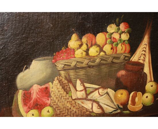 Coppia di oli su tela italiani del 1700 raffiguranti Nature Morte