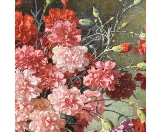 QUADRI ANTICHI, NATURA MORTA CON FIORI DI GAROFANI, OLIO SU TELA, FINE DEL XIX SECOLO. (QF676)