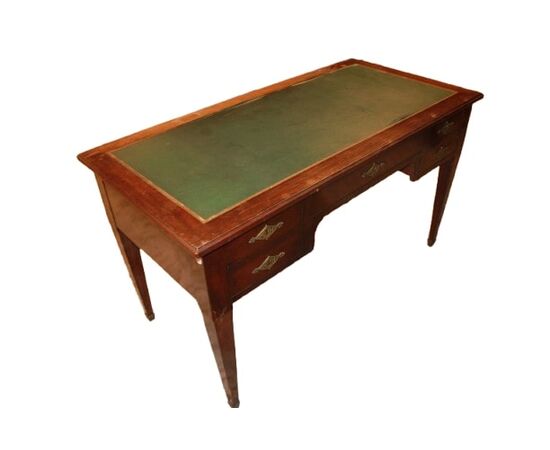 Scrivania Stile Impero in Piuma di Mogano di metà 1800 con Piano in Pelle Verde