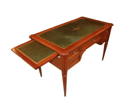 Scrivania Stile Luigi XVI Francese in Legno di Noce con Piano in Pelle Verde