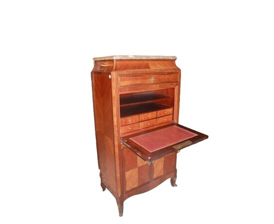 Secretaire Francese Stile Luigi XV del 1800 con ricchi intarsi a motivo floreale
