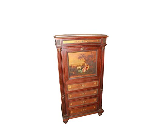 Secretaire francese stile Napoleone III Dipinto con scena galante Vernis Martin