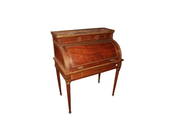Scrittoio a Cilindro Francese Stile Luigi XVI del 1800 In Legno di Mogano