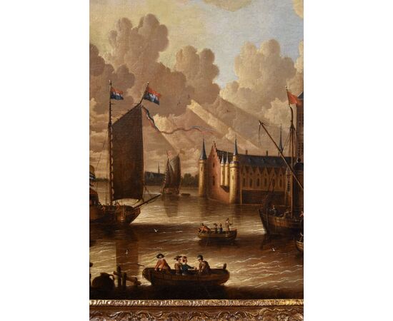 Veduta costiera con vascelli e castello arroccato, Peter Van Der Velde (Anversa 1634 - c.1714)